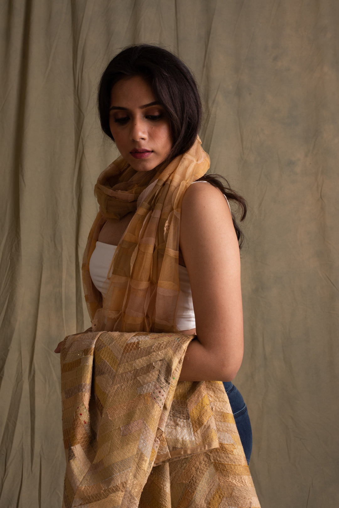 Ubika- Beige Tulle Upcycled Patchwork Stole