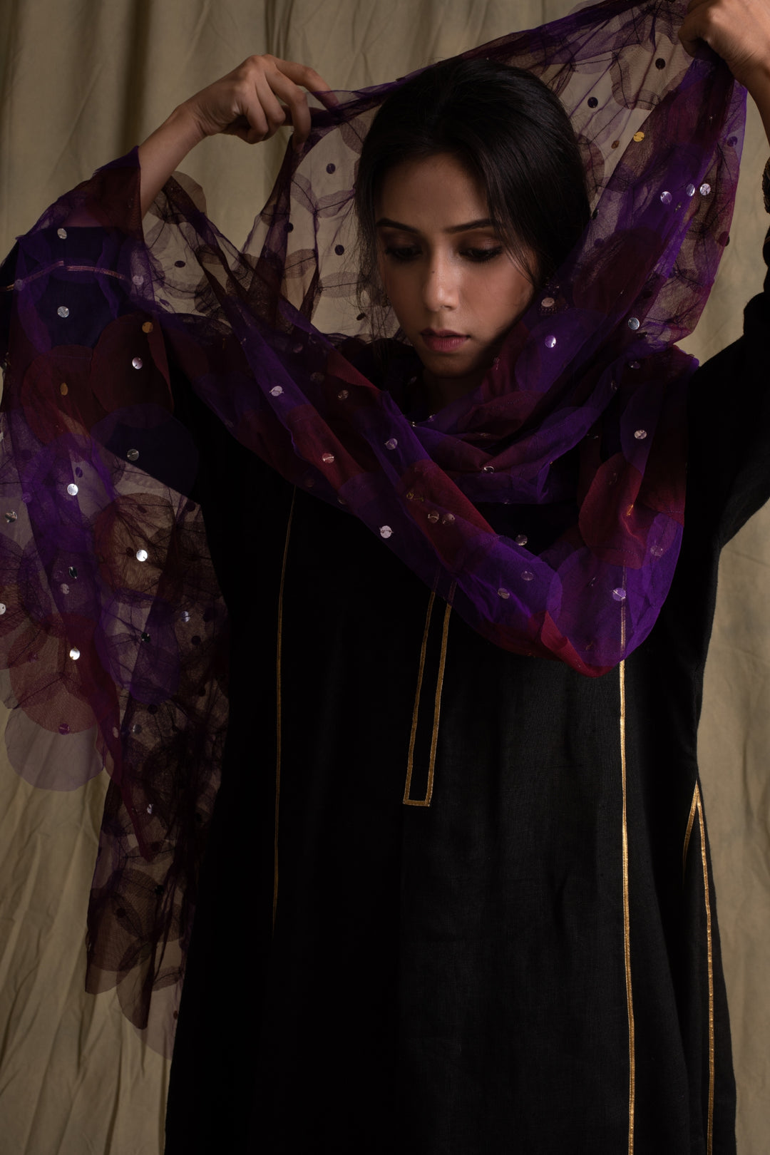 Estaa- Purple Tulle Upcycled Patchwork Dupatta