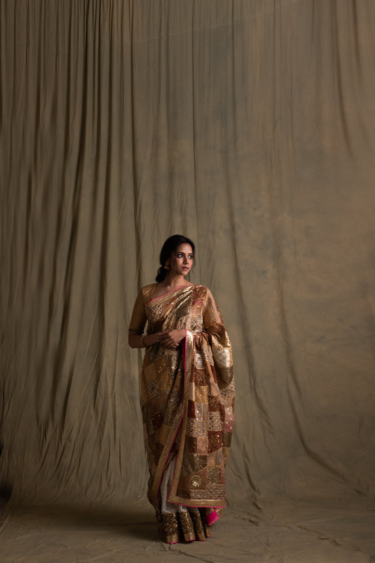 Nyra- Gold & Ivory Silk Brocade Upcycled Saree