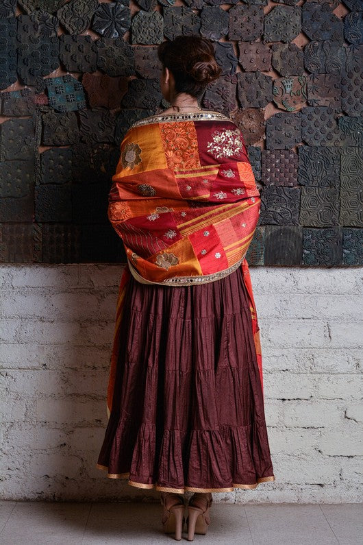 Geeta- Red and Orange Upcycled Patchwork Dupatta