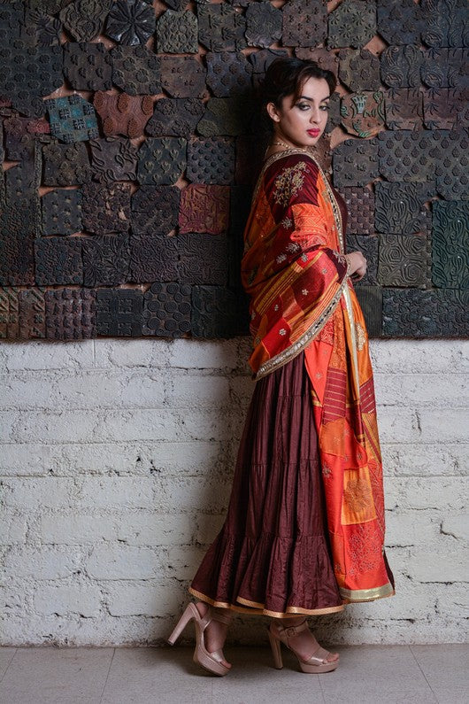 Geeta- Red and Orange Upcycled Patchwork Dupatta
