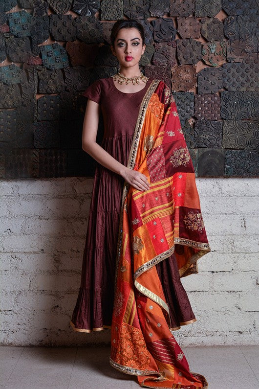 Geeta- Red and Orange Upcycled Patchwork Dupatta