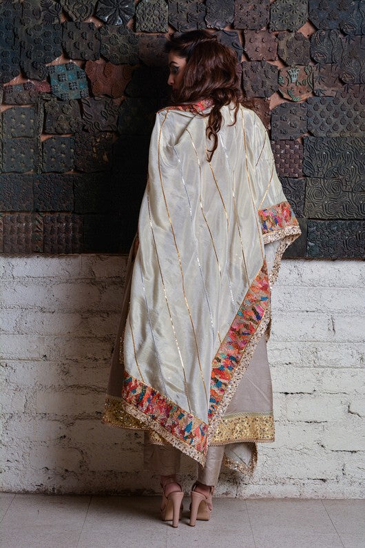 Rajshri- Beige Silk Chanderi Tissue Upcycled Patchwork Dupatta