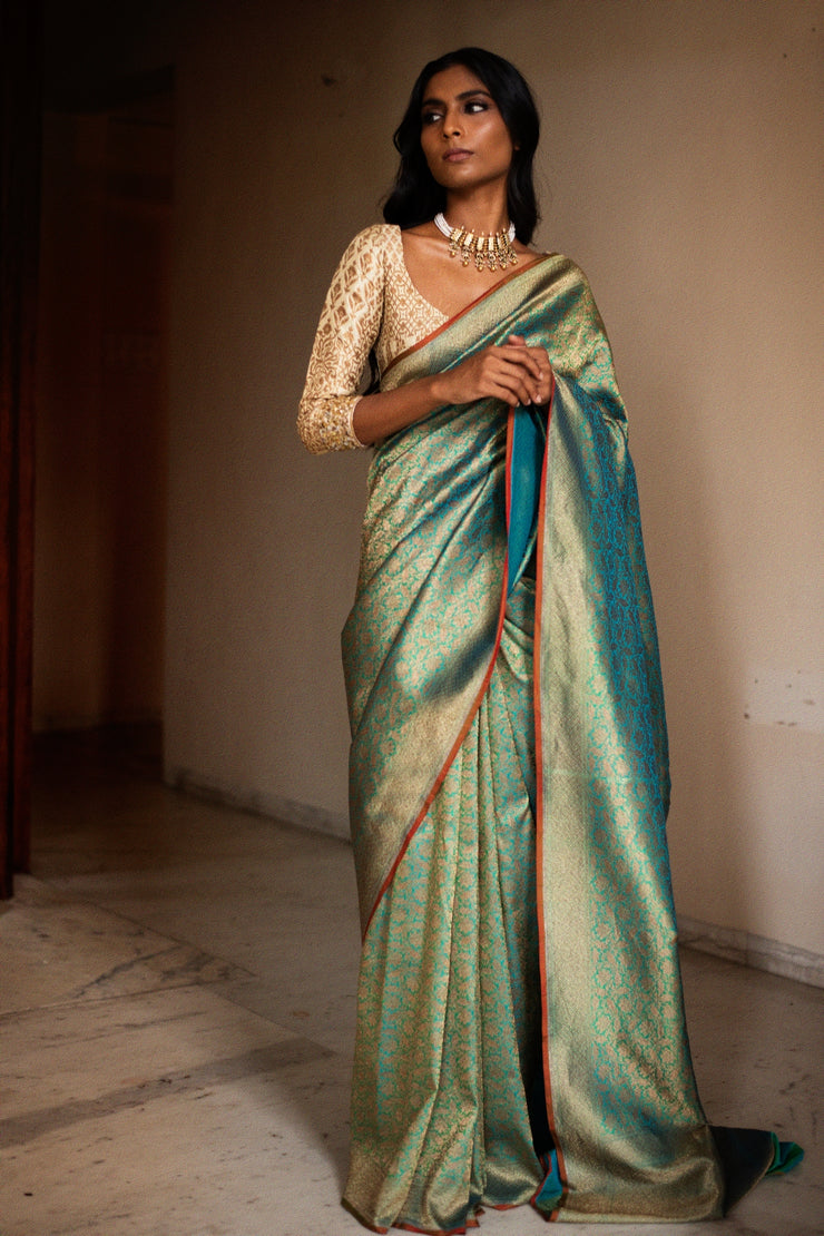 TARAN- Teal Silk Brocade Banarasi Saree