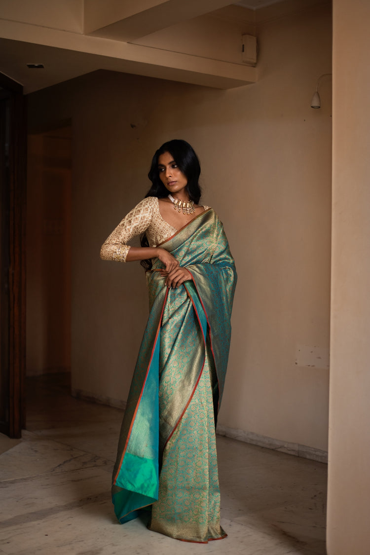 TARAN- Teal Silk Brocade Banarasi Saree