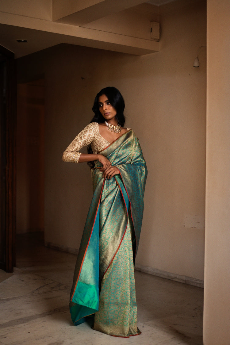 TARAN- Teal Silk Brocade Banarasi Saree