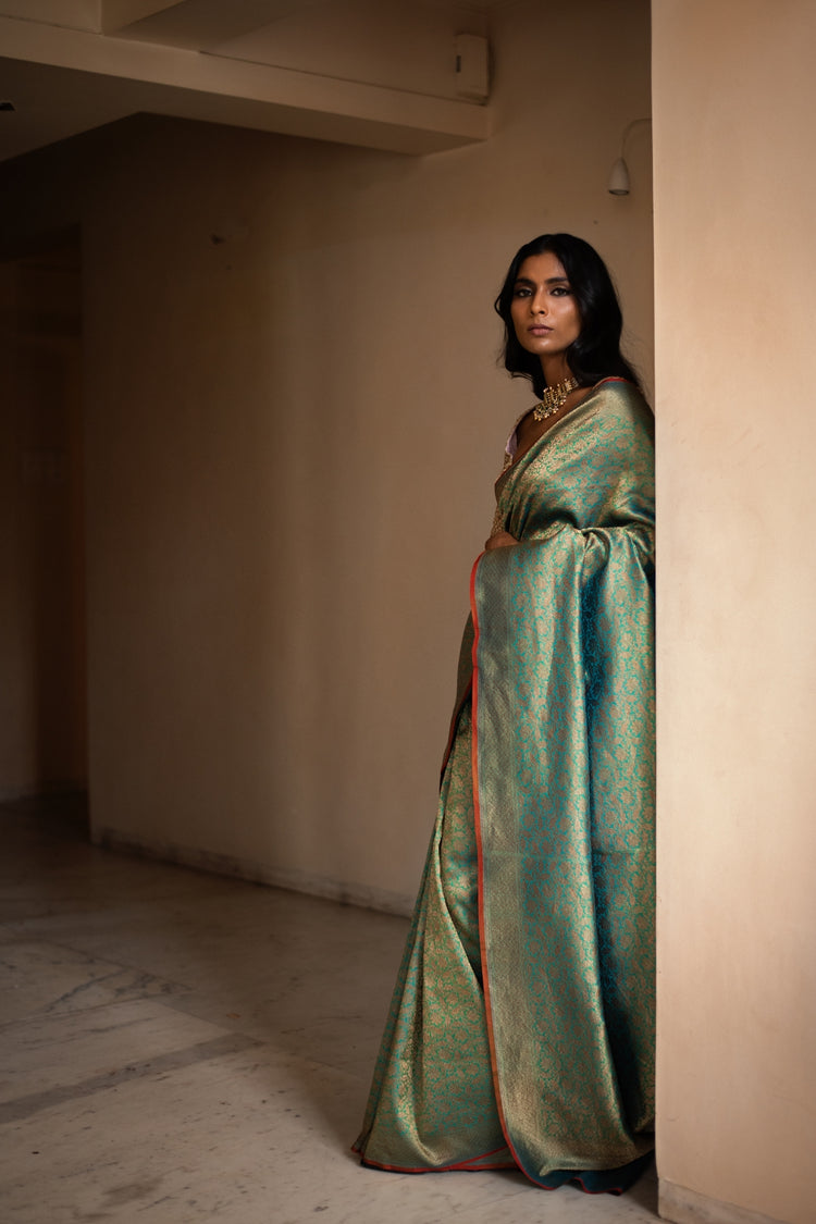 TARAN- Teal Silk Brocade Banarasi Saree