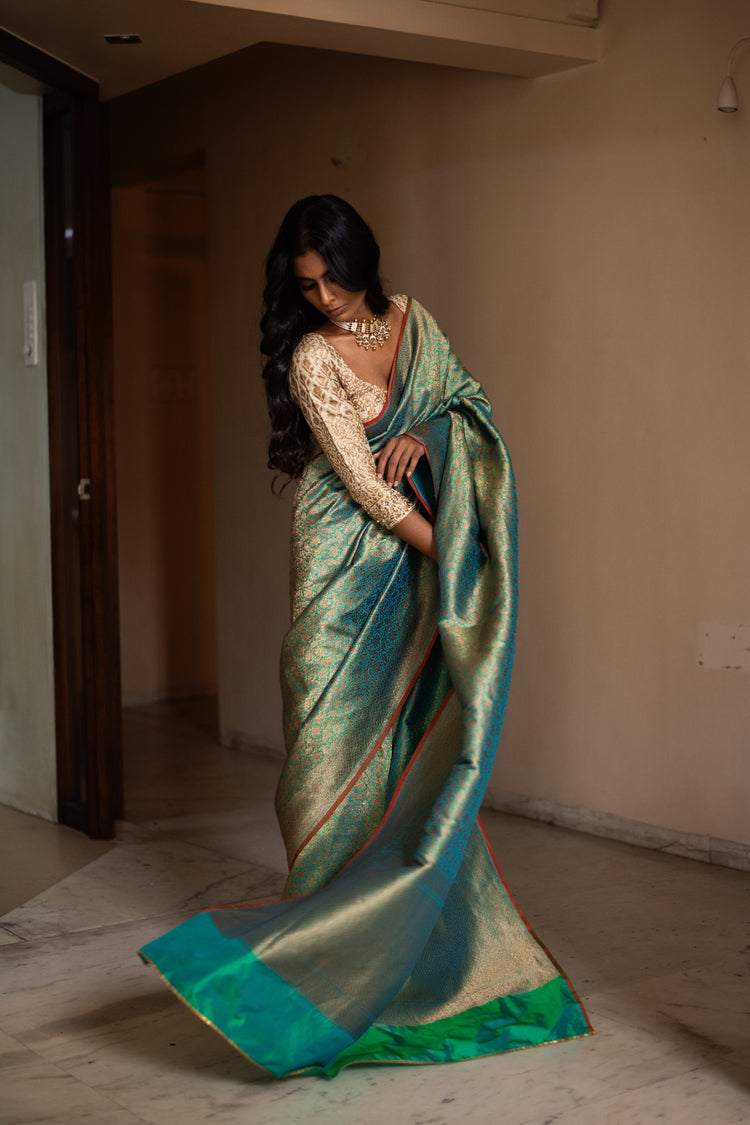 TARAN- Teal Silk Brocade Banarasi Saree