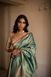 TARAN- Teal Silk Brocade Banarasi Saree