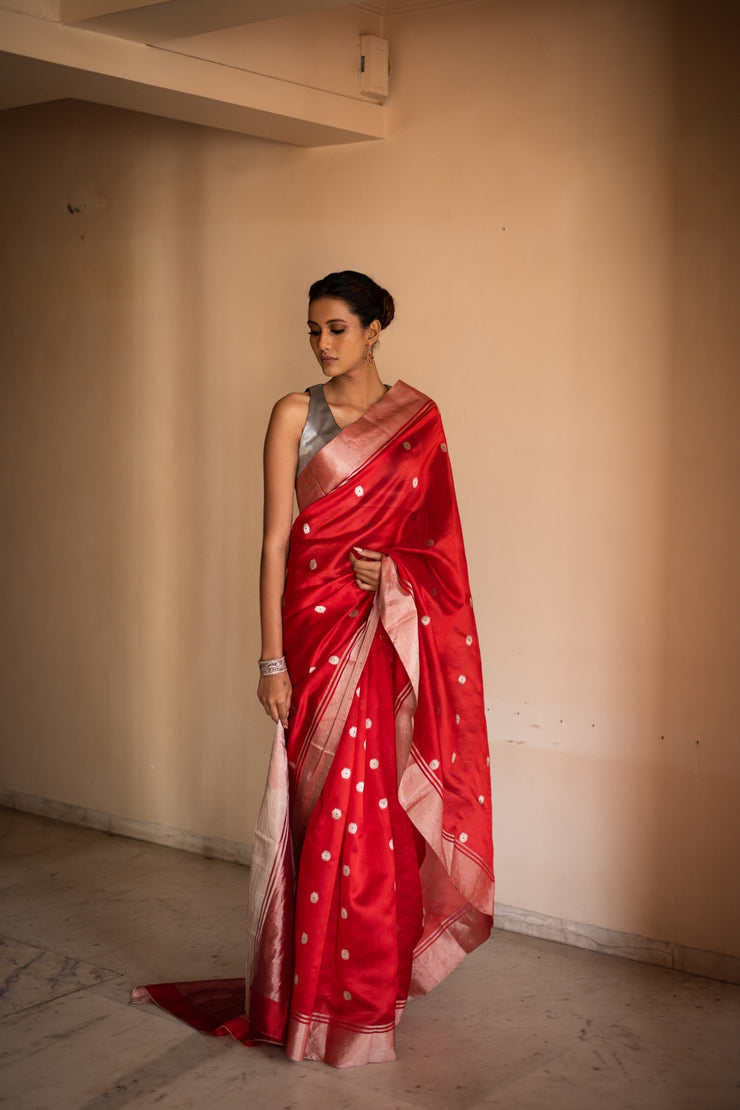 Red chanderi saree with exclusive lipi hand painting – Sujatra