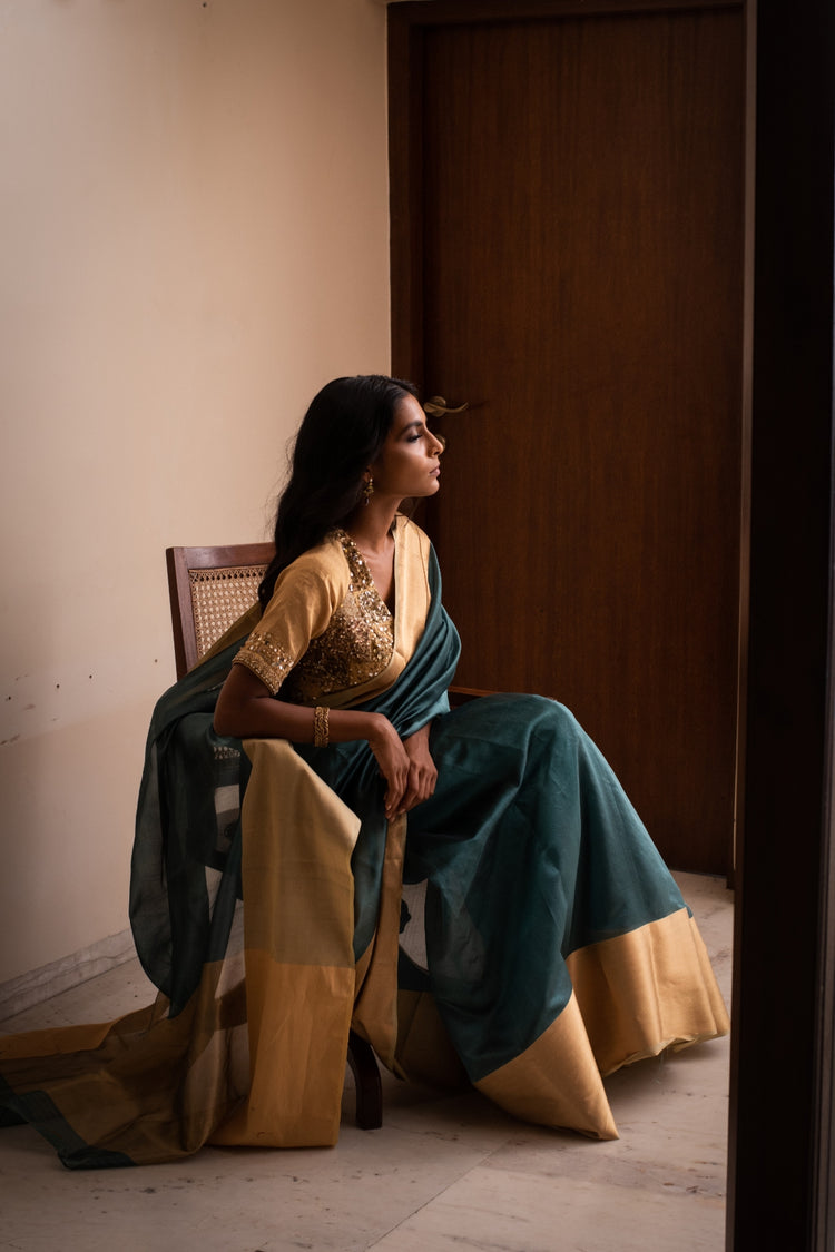 LOPA (TEAL)- Teal Silk Chanderi Saree