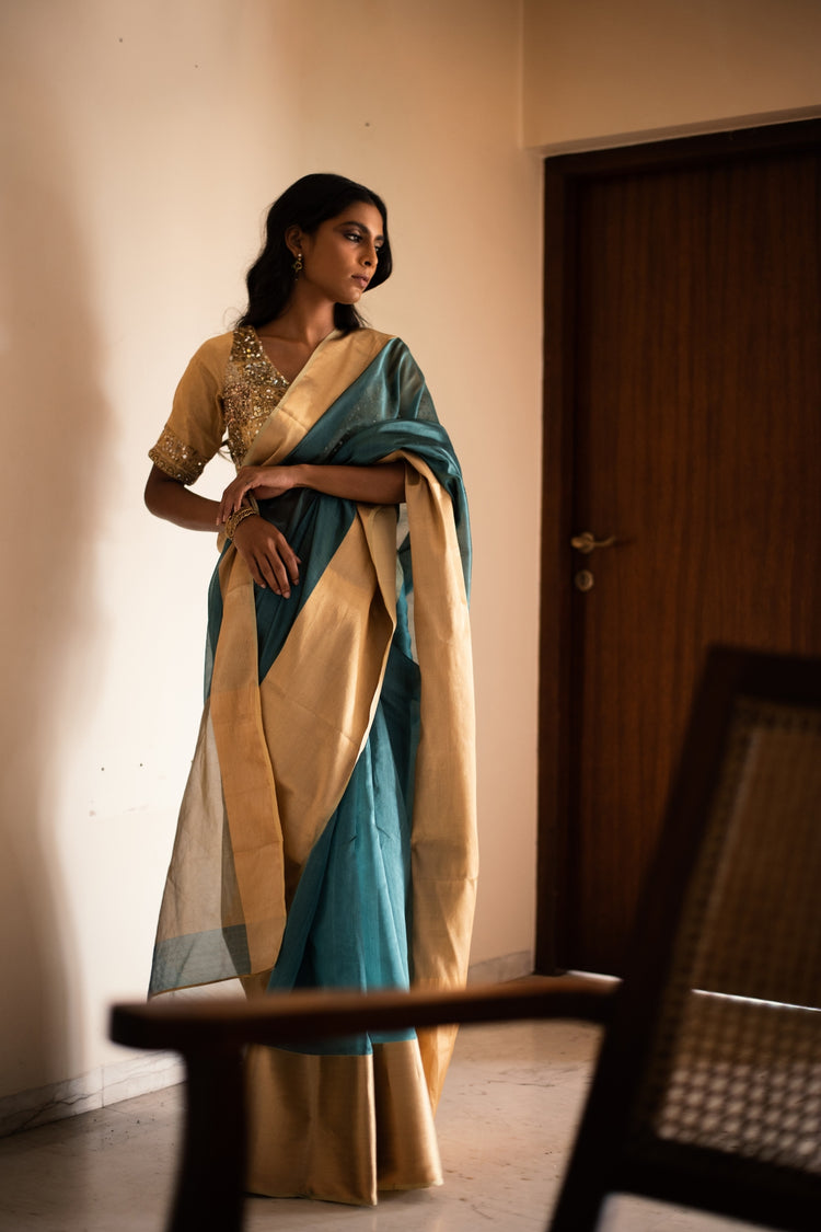 LOPA (TEAL)- Teal Silk Chanderi Saree