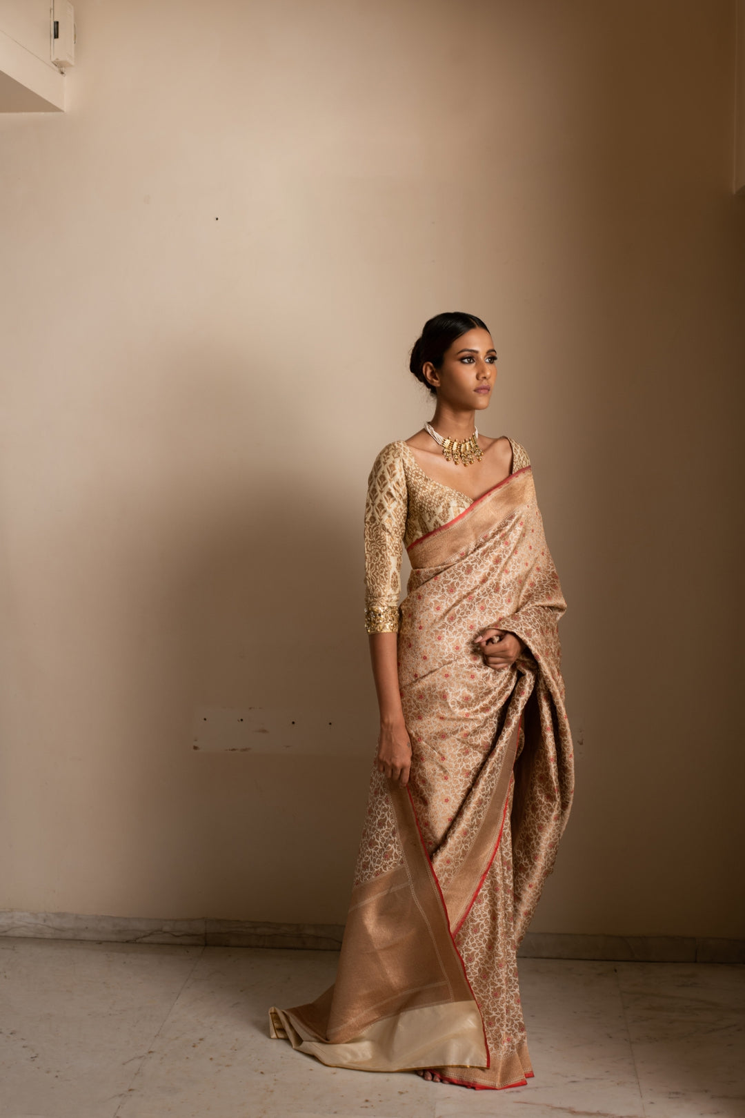 URAN- Beige Silk Brocade Banarasi Saree