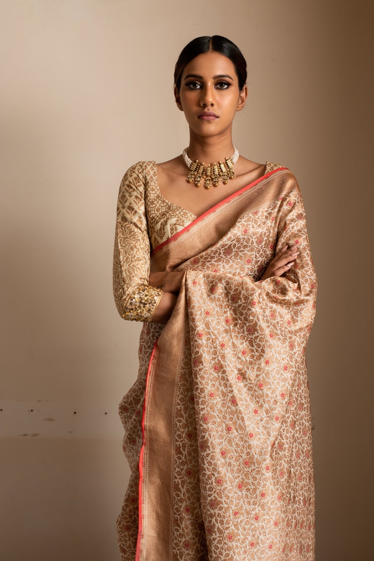 URAN- Beige Silk Brocade Banarasi Saree