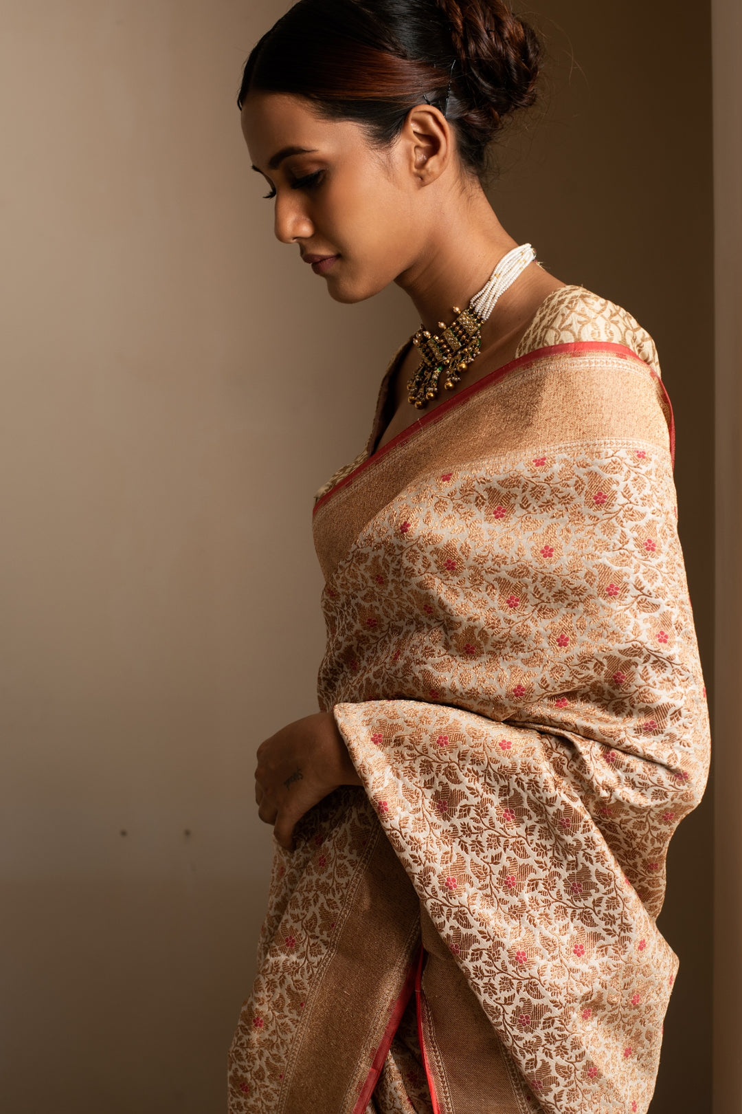 URAN- Beige Silk Brocade Banarasi Saree