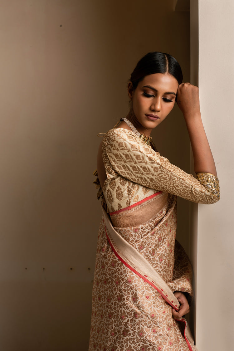 URAN- Beige Silk Brocade Banarasi Saree