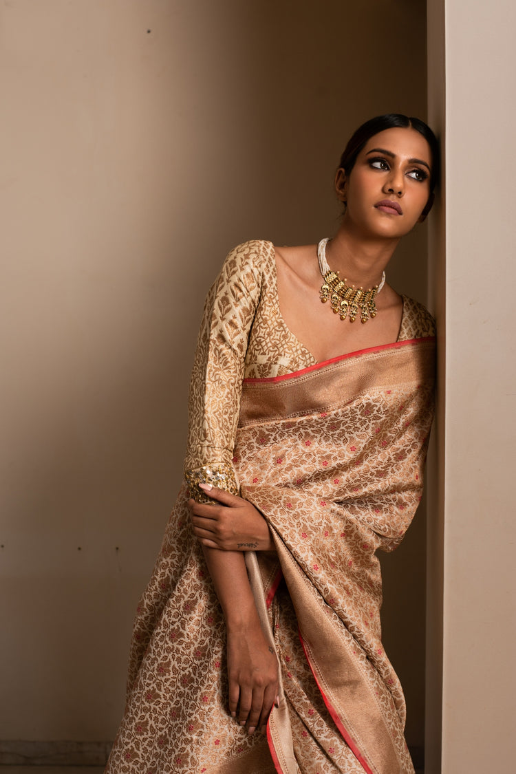 URAN- Beige Silk Brocade Banarasi Saree