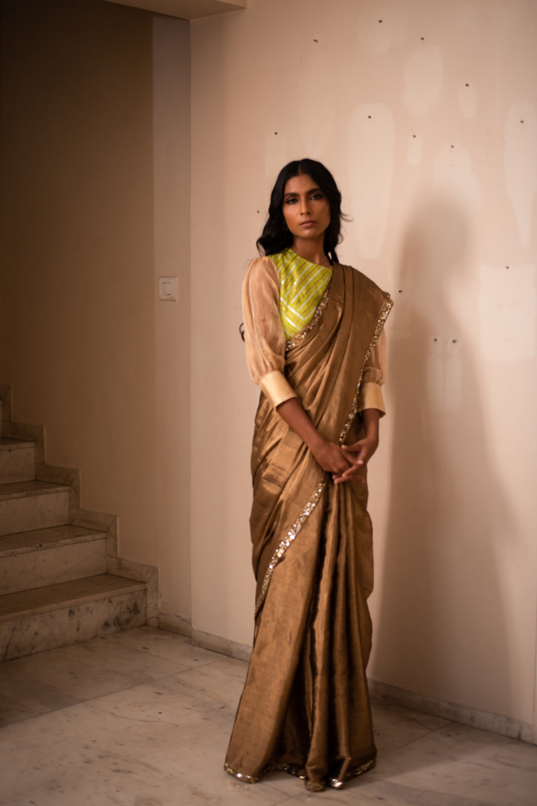 HIRANYA- Antique Gold Silk Chanderi Tissue Saree