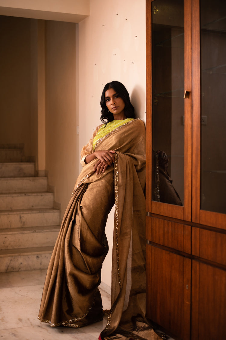 HIRANYA- Antique Gold Silk Chanderi Tissue Saree