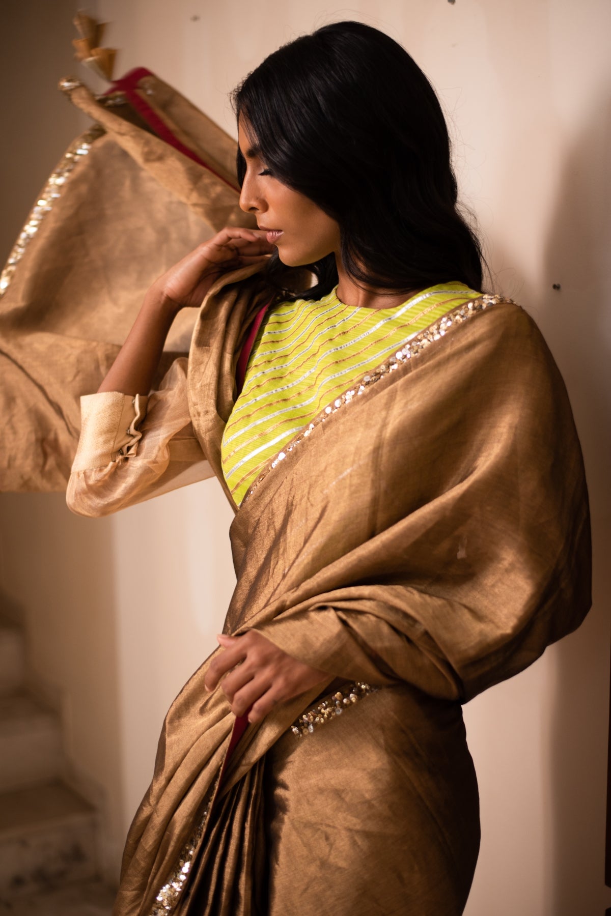 HIRANYA- Antique Gold Silk Chanderi Tissue Saree