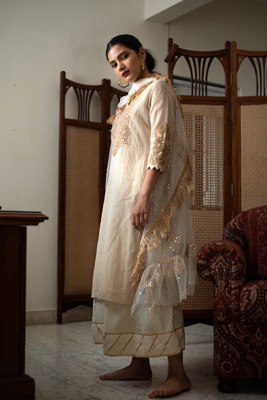 Parijaat - Beige Chanderi Tissue Kurta with Palazzo and Dupatta