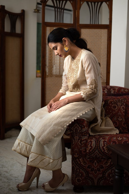 Parijaat - Beige Chanderi Tissue Kurta with Palazzo and Dupatta