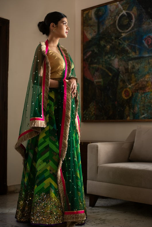 Heera Panna- Green Upcycled Patchwork Lehenga