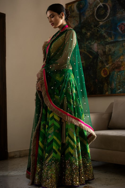 Heera Panna- Green Upcycled Patchwork Lehenga