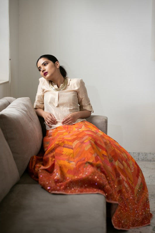 Roshan- Orange Upcycled Patchwork Lehenga