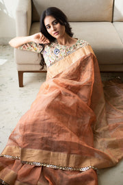 Aasmi- Copper Blush Silk Tissue Maheshwari Saree