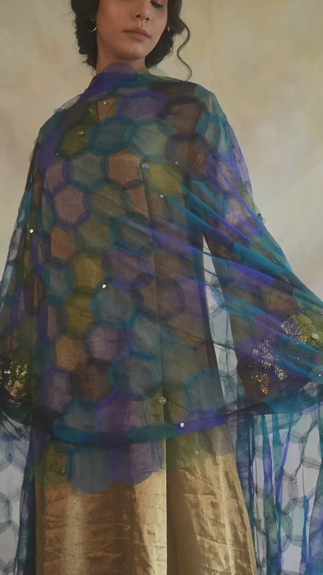 Indivar- Blue Tulle Upcycled Patchwork Dupatta