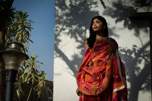 Moonga- Red Hand-Embroidered Sequinned Lehenga