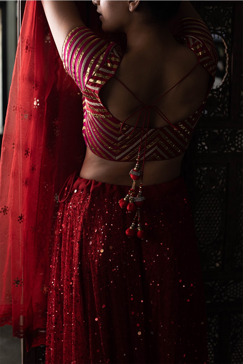 Aheli- Red Sequinned Hand-Embroidered Lehenga