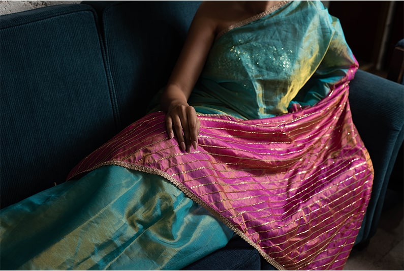 Iha- Blue & Pink Silk Tissue Banarasi Saree