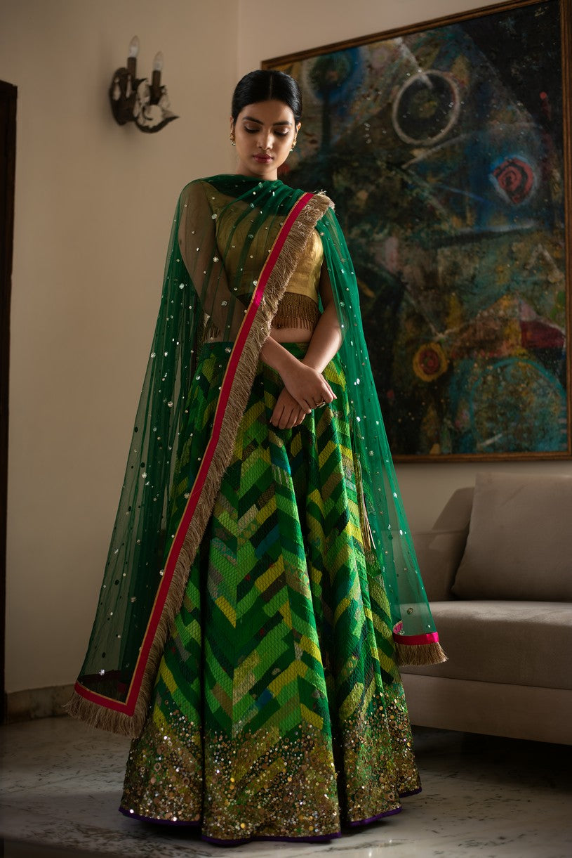 Heera Panna- Green Upcycled Patchwork Lehenga