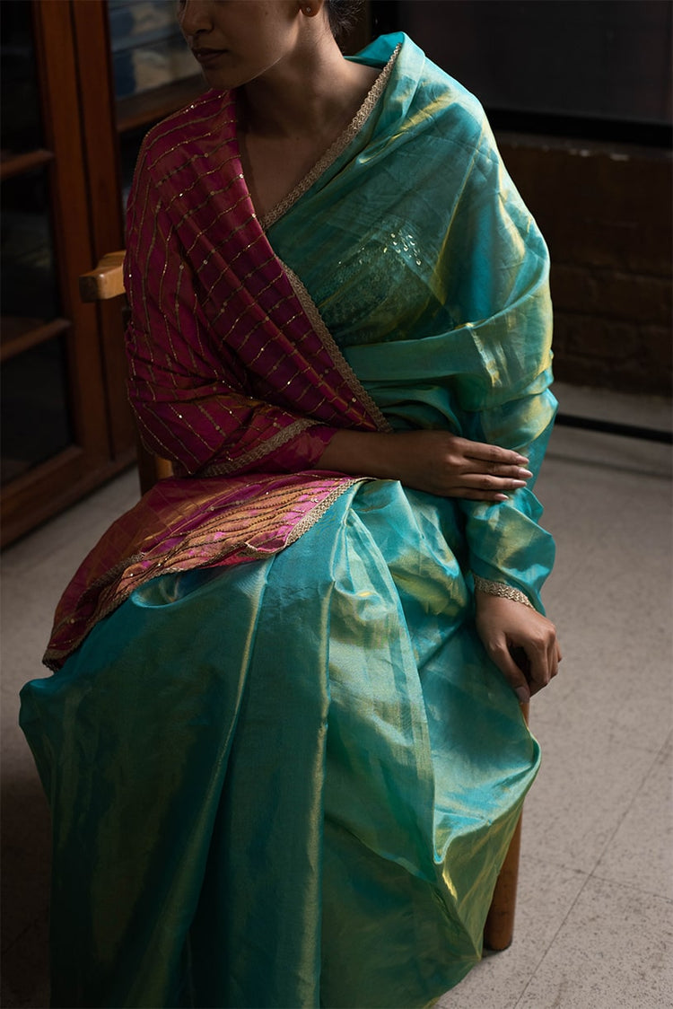 Iha- Blue & Pink Silk Tissue Banarasi Saree